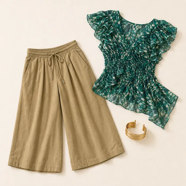 Telluride Crop Cuff Meeting capri pants outfit flatlay with Telluride Wide-Leg Crop Pull-On Solid Pants, Blythe Printed Ruffled Top, FP x Satya Gold Plated Stacked Cuff