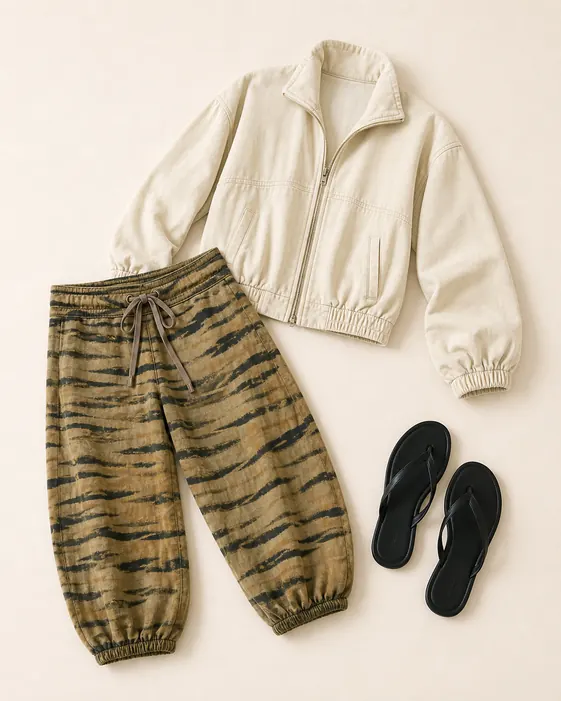Tiger Capri Track Jacket Plan capri pants outfit flatlay with Magnolia Pearl Tiger Capri La Jolla Joggers, Birdie Track Jacket, Vagabond Izzy Thong Sandals