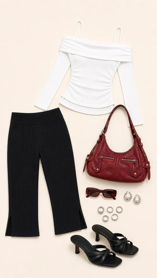 Baseline Black Bag Signal capri pants outfit flatlay with Baseline Rib Capri Pants Black, Teenage Dreams Layered Long Sleeve Top White, Billini Samba Heels Black, Do Not Disturb Bag Red, Better Now Sunglasses Maroon, Zav