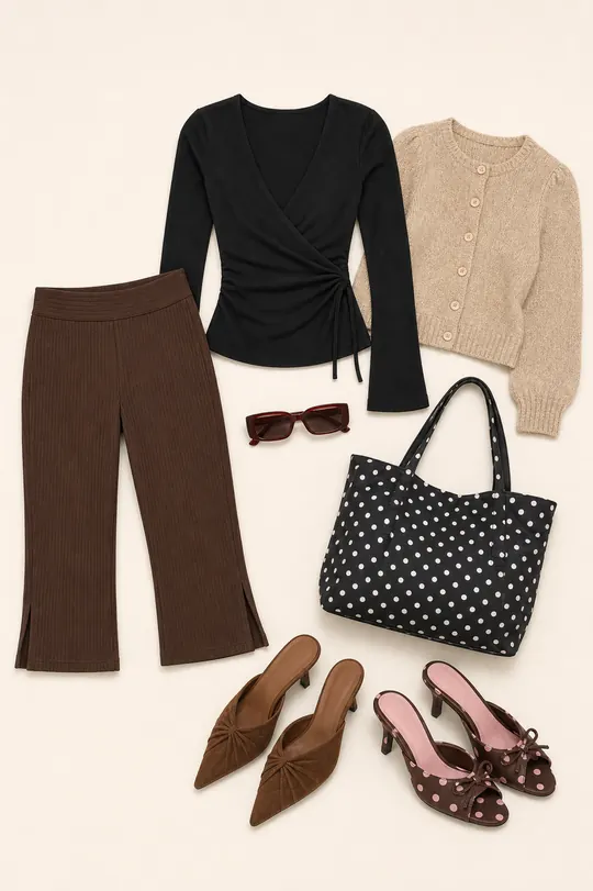Baseline Chocolate Tote Theory capri pants outfit flatlay with Baseline Rib Capri Pants Chocolate, Tempting Tote Bag Black Polka, Admiration Pointed Toe Faux Suede Heels Brown, Stefanee Long Sleeve Wrap Top Black, Mixtap