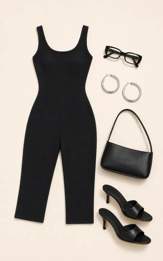 Daily Define Hoop Shortcut capri pants outfit flatlay with Daily Define 3/4 Capri Jumpsuit Black, Siren Blue Light Glasses Black, The Valley Hoops Silver, Dawn To Dusk Shoulder Bag Black, Caroline Heels Black