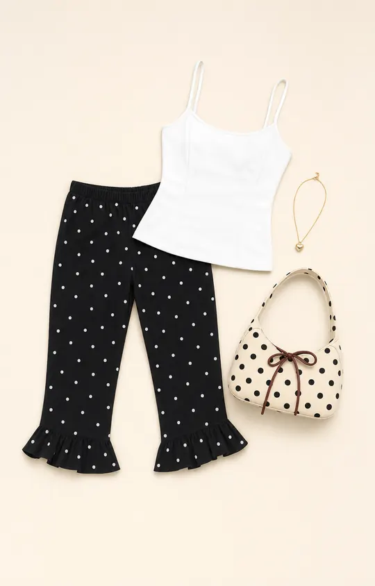 Darsie Dot Bag Alibi capri pants outfit flatlay with Darsie Frill Capri Black Polka Dot, Elanah Structured Cami Top White, What You Love Necklace Gold, Rosamaria Shoulder Bag Cream Polka Dot