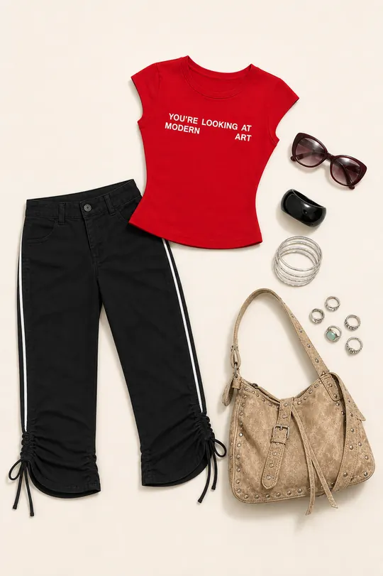 Genesis Noir Ring Debate capri pants outfit flatlay with Genesis Capri Pants Noir, Better Now Sunglasses Maroon, Madlen Resin Cuff Black, Modern Art Graphic Baby Tee Red, Dapperton Bangle Set Silver, Brittin Stud Detail 