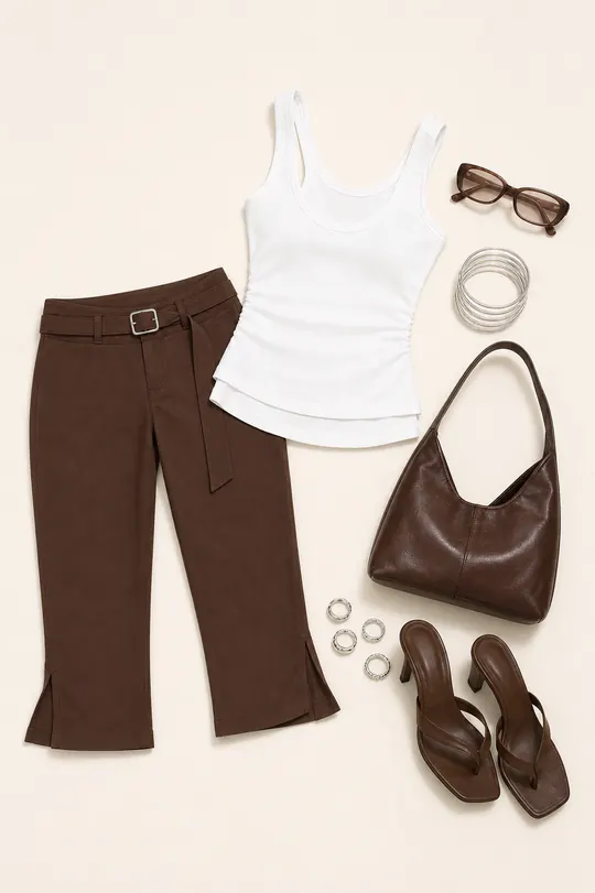 Giorgie Chocolate Heel Clause capri pants outfit flatlay with Giorgie Belted Capri Pant Chocolate Brown, Ceyla Layered Tank Top White, The Mona Heels Chocolate, Patty Shoulder Bag Brown, Life Begins Blue Light Glasses Br