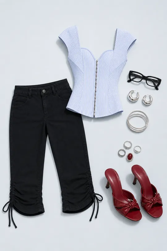 Hot Rod Cherry Heel Memo capri pants outfit flatlay with Hot Rod Capri Pant Black, Indulgence Corset Top Blue Stripe, Billini Garlyn Heels Cherry Red, Siren Blue Light Glasses Black, Zaveri Earrings Silver, Kelsie Bracel