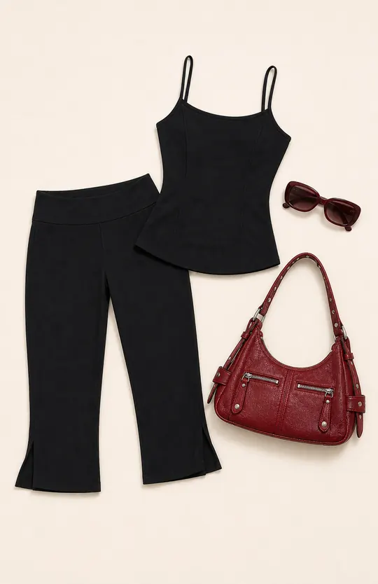 Jobey Red Bag Receipt capri pants outfit flatlay with Jobey Capri Pants Black, Do Not Disturb Bag Red, Better Now Sunglasses Maroon, Elanah Structured Cami Top Black