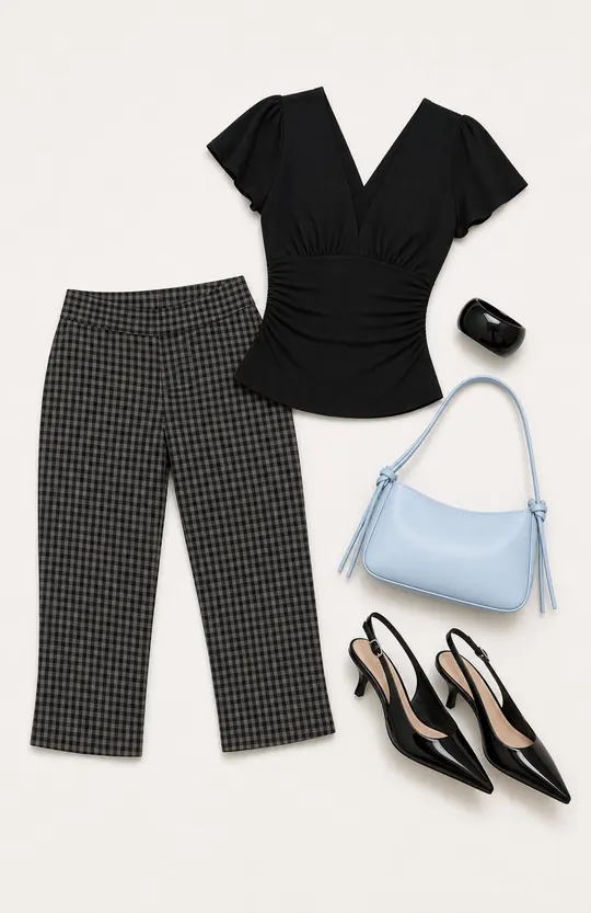 Lights Are Off Blue Bag capri pants outfit flatlay with Lights Are Off Capri Pants Multi, Mattey Cinched V Neck Top Black, Madlen Resin Cuff Black, Dreaming Of Me Shoulder Bag Blue, Billini Ayla Pointed Toe Heels Black