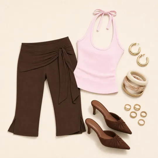 Lizana Brown Hoop Plan capri pants outfit flatlay with Lizana Tie Side Capri Pants Brown, The Valley Hoops Gold, Baseline Scoop Halter Rib Tank Pink, Amandah Resin Cuff Set Multi, Admiration Pointed Toe Faux Suede Heels 