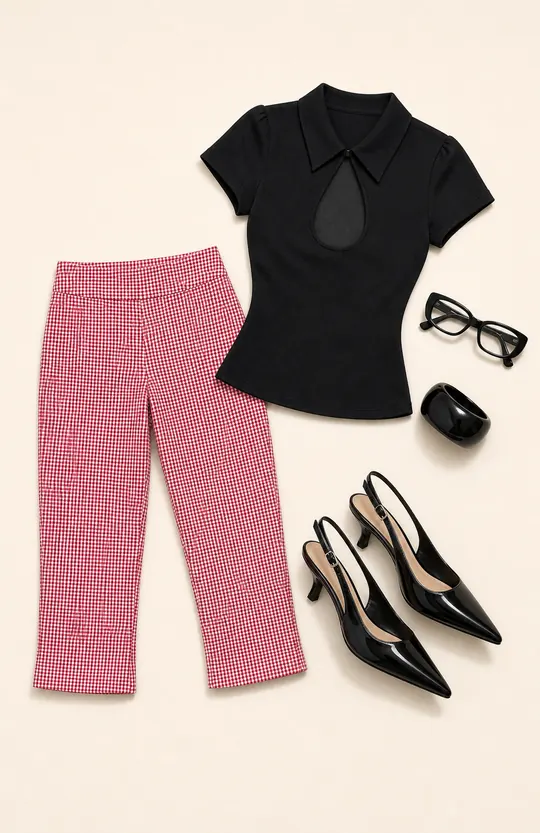 Rossie Gingham Heel Plot capri pants outfit flatlay with Rossie Capri Pants Red Gingham, Siren Blue Light Glasses Black, Happened One Night Keyhole Blouse Top Black, Madlen Resin Cuff Black, Billini Ayla Pointed Toe Heel