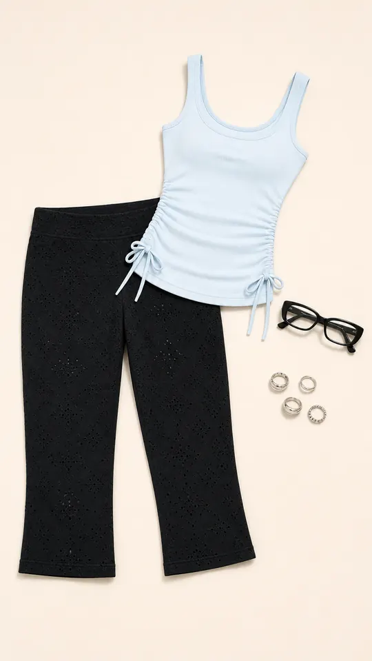 Samaira Black Glasses Clause capri pants outfit flatlay with Samaira Capri Pant Black Anglaise, Siren Blue Light Glasses Black, Kasper Cinched Longline Tank Blue, Strait Rings Silver