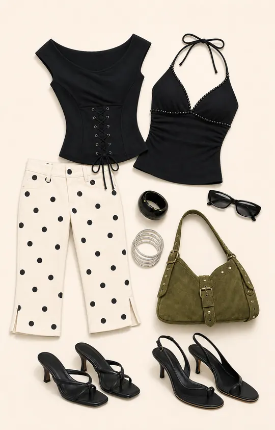 Samaira Cream Polka Stack capri pants outfit flatlay with Samaira Capri Pant Cream Polka Dot, Unbothered Corset Top Black, Wonderful World Sunglasses Black, Madlen Resin Cuff Black, Dapperton Bangle Set Silver, Seraphia 