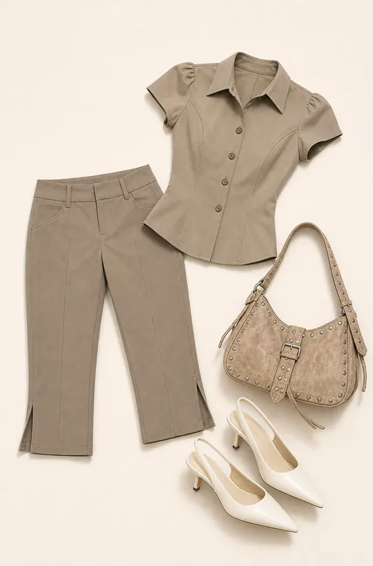 Tunian Taupe Bone Heel capri pants outfit flatlay with Tunian Capri Tailored Pants Taupe, Billini Ayla Pointed Toe Heels Bone, Brittin Stud Detail Shoulder Bag Beige, Maorah Button Up Tailored Collared Blouse Top Taupe