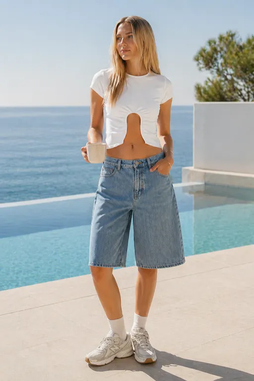 Clean Escape Look outfit featuring denim jorts, white top and sneakers