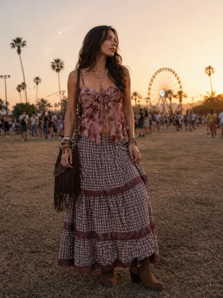 Coachella Sunset Outfit featuring floral top and plaid prairie skirt