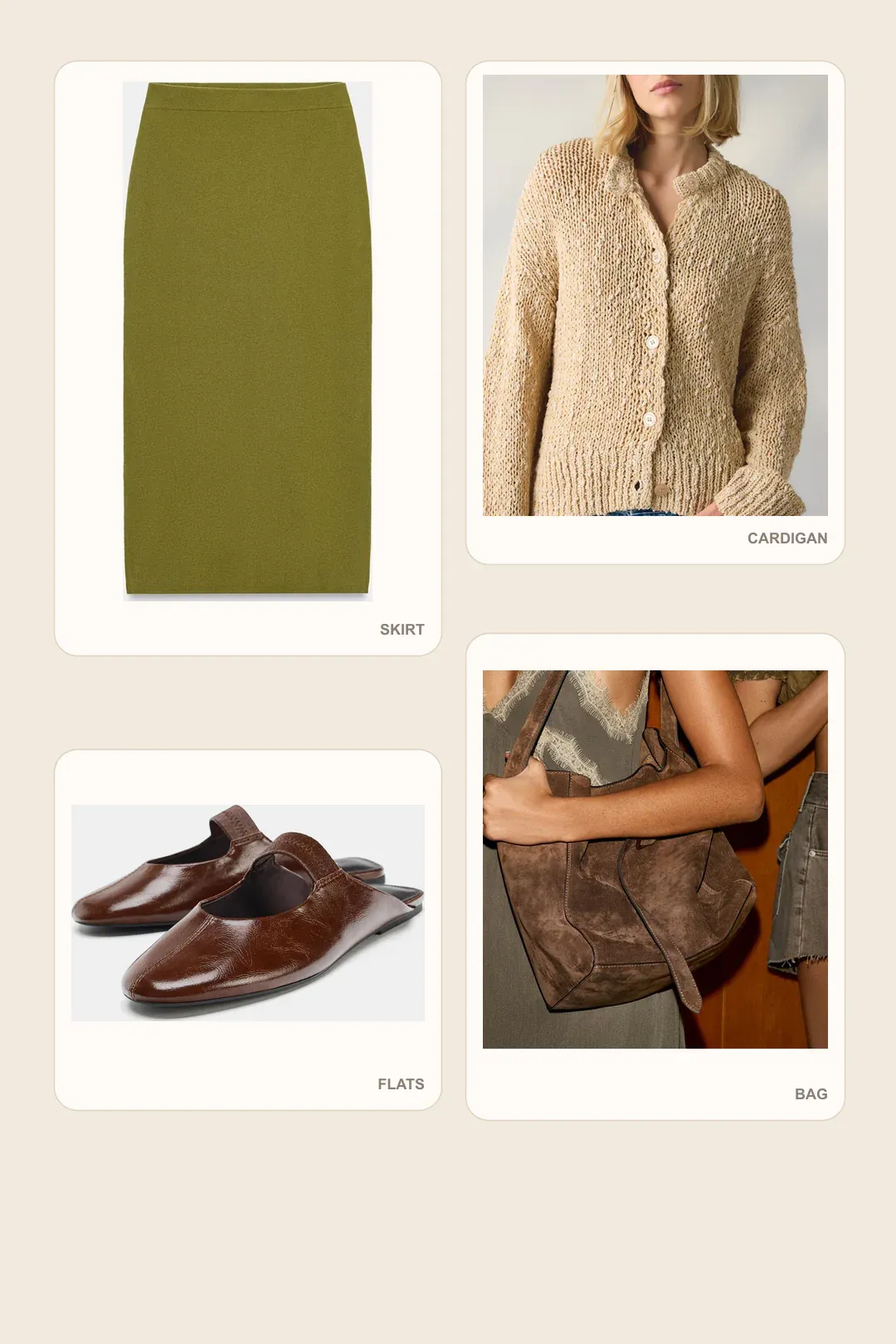 Orchard Olive Portrait fall family photo outfit board with moss knit midi skirt, taupe cardigan, brown flats, and chocolate bucket bag.