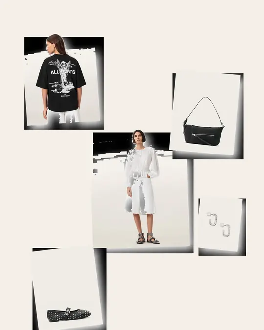 Amelie Has Guest List concert outfit flatlay with Guardian Amelie Oversized T-Shirt Black, Louie Wide Leg Shorts Off White, Holly Leather Stud Ballet Flats Black, Lori Pave Earrings WARM SILVER, Vega Leather Shoulder Bag