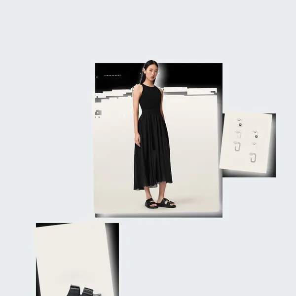 Asymmetric Dress Heel Meeting concert outfit flatlay with Zenia Sleeveless Asymmetric Midi Dress Black, Sian EVA Buckle Sandals Black, Ellie Mix Set Earrings WARM SILVER