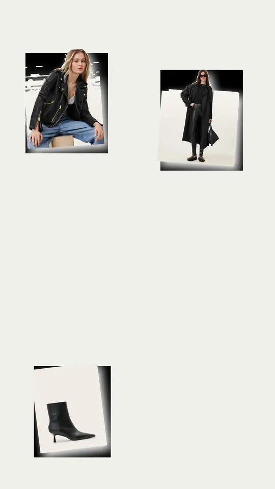 Biker Jacket Side Entrance concert outfit flatlay with Balfern Leather Biker Jacket BLACK/GOLD, Cora High-Rise Faux Leggings Black, Vivian Pointed Toe Leather Boots Black