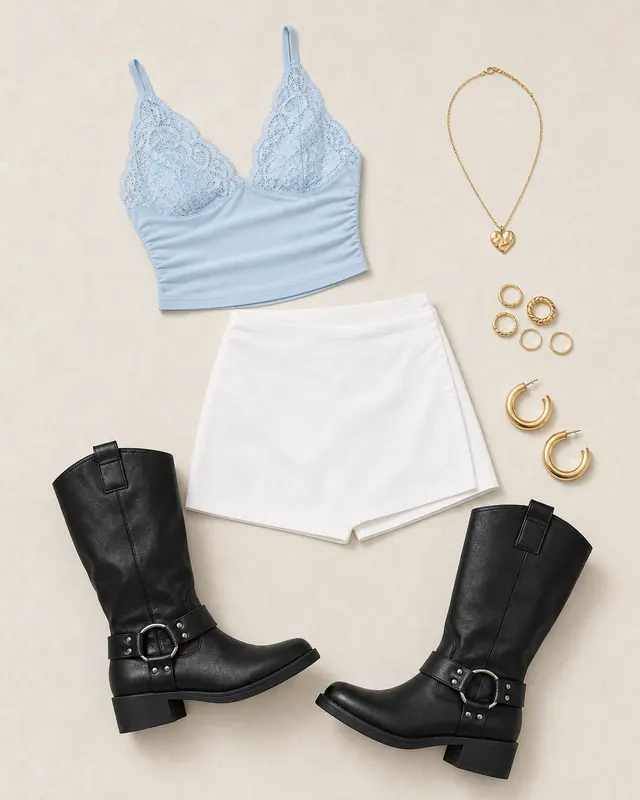 Blue Top Barricade Plan concert outfit flatlay with Gigi Skort White, Typha Top Blue, Wrecked Western Boots Black, Lock It Up Gold Plated Necklace Gold, Stables Rings Gold, Raskin Hoop Earrings Gold