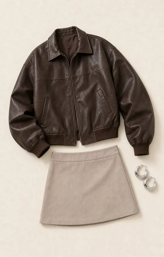 Bomber Jacket Backstage Pass concert outfit flatlay with Goldsmith Faux Leather Bomber Jacket Brown, Back 2k Mini Skirt Taupe, True Paradise Earrings Silver