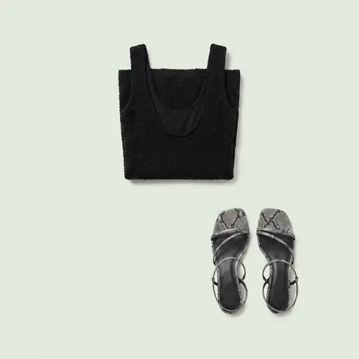 Boucle Dress Snake Sandals concert outfit flatlay