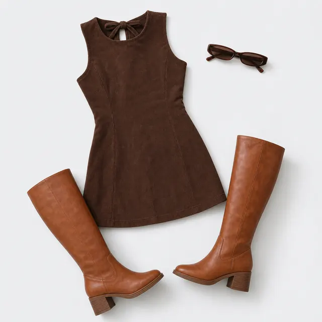 Corduroy Dress Door List concert outfit flatlay with Alfalfa Corduroy Mini Dress Chocolate, Wonderful World Sunglasses Brown, Madisson Knee High Boots Brown
