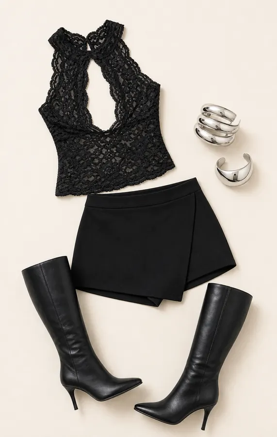Lace Top Midnight Math concert outfit flatlay with Quinbie Lace Sleeveless Top Black, Gigi Skort Black, Elodiee Knee High Boots Black, Hot Gossip Cuff Set Silver