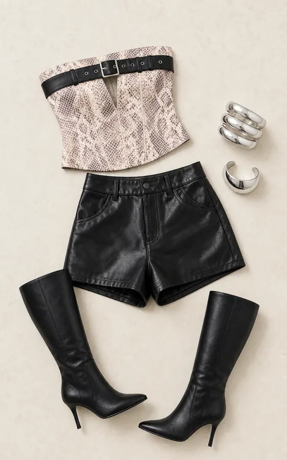 Leather Shorts Fan Club concert outfit flatlay with Top Class Faux Leather Shorts Black, Hot Gossip Cuff Set Silver, Jalyne Strapless Belted Top Animal, Elodiee Knee High Boots Black