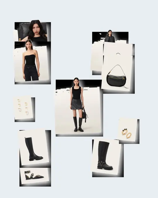 Mini Skirt Group Project concert outfit flatlay with Renai Leather Mini Skirt Black, Rina Crew Neck Sleeveless Tank Top Black, Sutton Leather Pointed Toe Shoes Black, Luna Slouchy Leather Shoulder Bag Black, Maddie Knee 