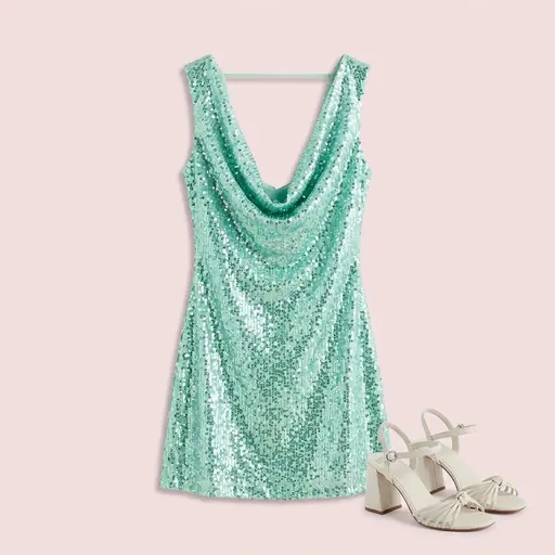 Mint Sequin Heel Receipt concert outfit flatlay
