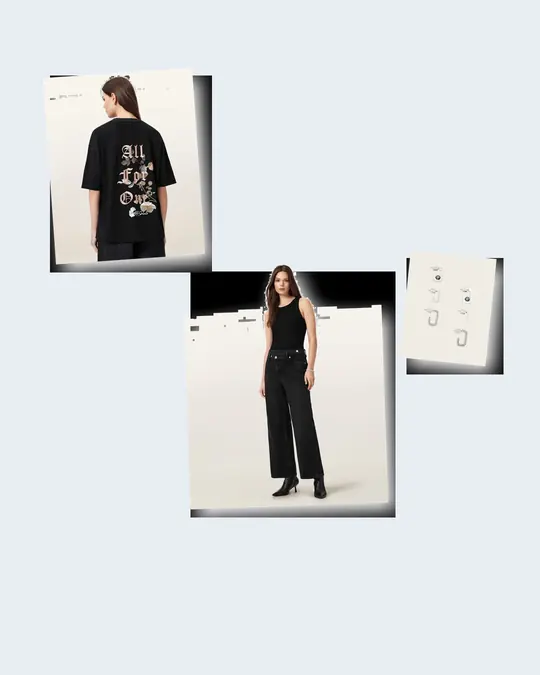 Oversized Tee Encore Text concert outfit flatlay with Oneness Etta Oversized T-Shirt Black, Aki Mid Rise Crossover Jeans Washed Black, Ellie Mix Set Earrings WARM SILVER