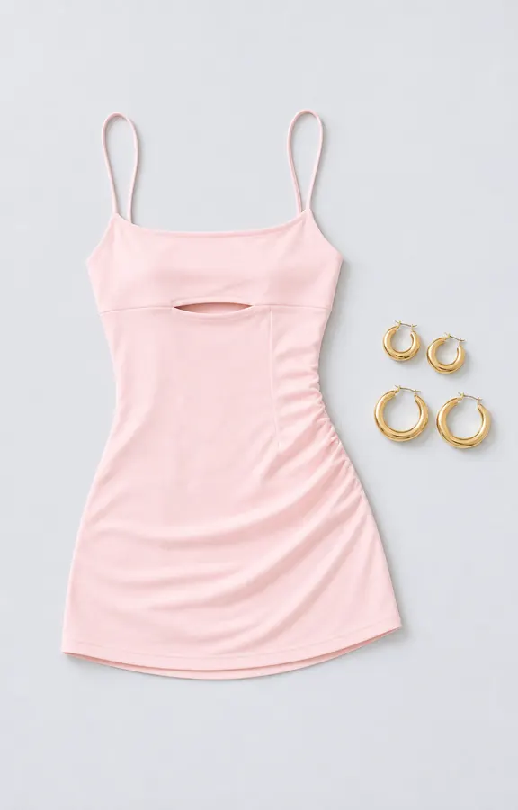 Pink Dress Tiny Applause concert outfit flatlay with Powell Mini Dress Pink, True Paradise Earrings Gold