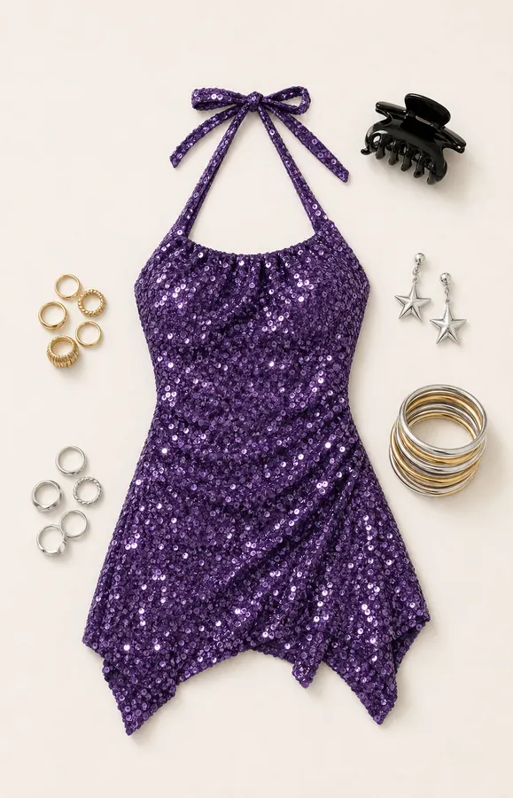 Purple Dress Encore Receipt concert outfit flatlay with Fluorescents Halter Mini Dress Purple, Take It Off Hair Clip Black, Pretty Lady Earrings Silver, Softer Side Bangle Pack Silver / Gold, Medora Rings Gold, Medora Ri