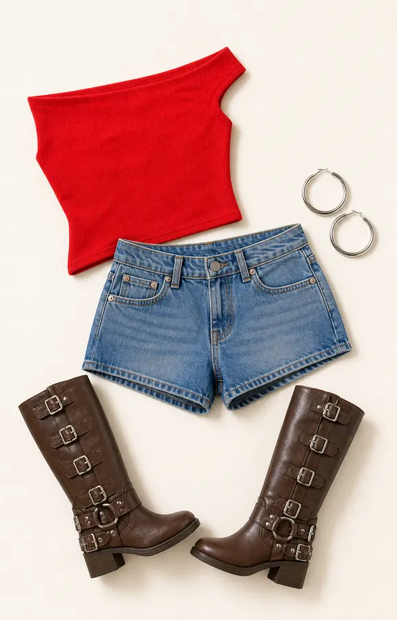 Red Top Rail Seat concert outfit flatlay with Dreamful Low Rise Mini Denim Shorts Mid Blue Wash, Ashfield Off Shoulder Top Red, Buckle Down Boots Brown, The Valley Hoops Silver