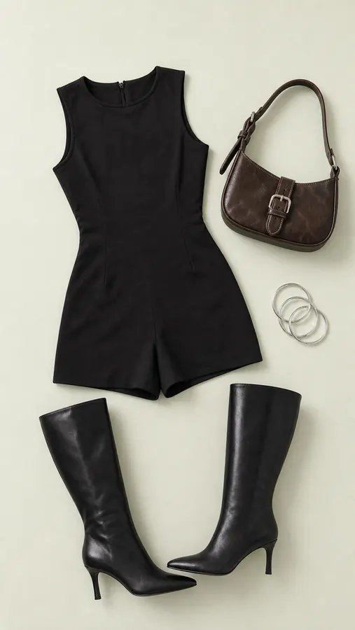 Romper Before The Encore concert outfit flatlay with Yumiko Romper Black, Sawyer Knee High Boots Black, Jayalen Shoulder Bag Brown, Kelsie Bracelet Pack Silver