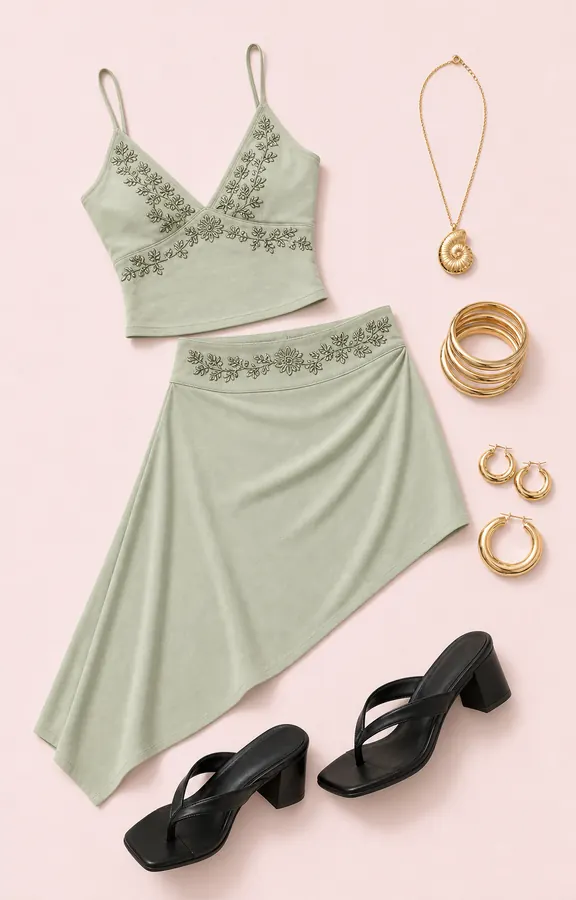 Sage Set Stage Whisper concert outfit flatlay with Pappilion Asymmetrical Midi Skirt Sage, Pappilion Top Sage, The Mona Heels Black, Bucatini Shell Necklace Gold, Farley Bangle Pack Gold, True Paradise Earrings Gold