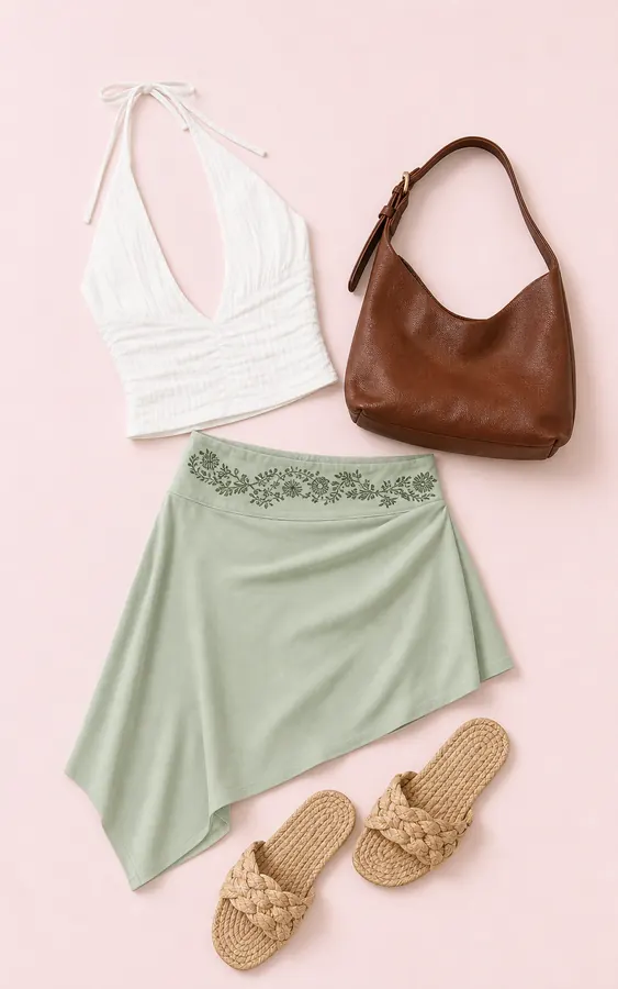 Sage Skirt Soft Launch concert outfit flatlay with Nataliya Halter Top White, Pappilion Asymmetrical Midi Skirt Sage, Shoreside Sandals Natural, Zenia Shoulder Bag Brown