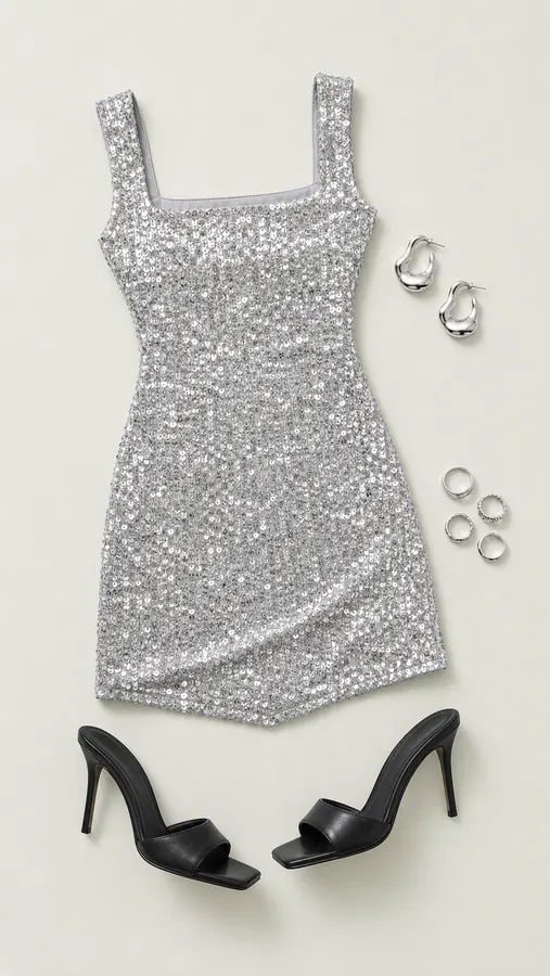 Sequin Dress Flash Warning concert outfit flatlay with Miss Me Sequin Mini Dress Silver, Caroline Heels Black, Unforgettable Earrings Silver, Medora Rings Silver