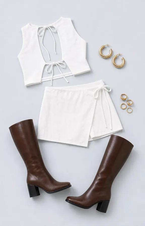Skort Has Soundcheck concert outfit flatlay with Gulliver Tie Side Mini Skort White, Penelopie Backless Top White, Renzo Knee High Boots Brown, Samwell Chunky Earrings Gold, Romancer Chunky Rings Multi