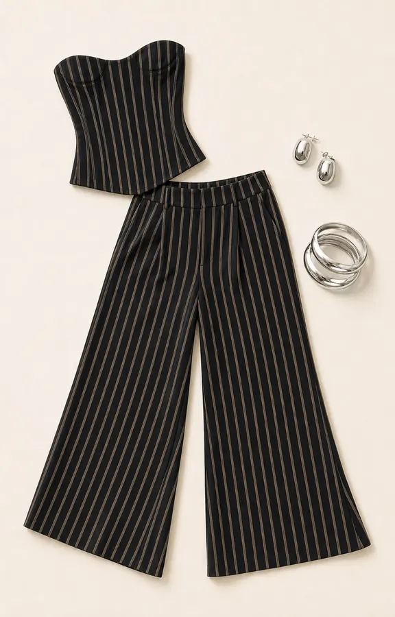 Stripe Set Wrist Meeting concert outfit flatlay with Kierstyn Corset Set Black Stripe, Zaveri Earrings Silver, Farley Bangle Pack Silver