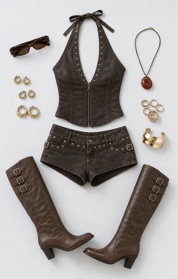 Studded Corset Snack Tab concert outfit flatlay with Romey Studded Corset Top Charcoal Brown, One For All Hoops Gold, Edern Pebble Pendant Necklace Red, Strait Rings Gold, Romey Studded Micro Shorts Charcoal Brown, Ritz 