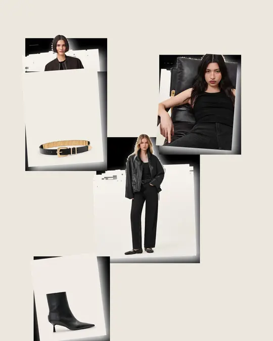 Suede Bomber Seat Upgrade concert outfit flatlay with Orten Suede Bomber Jacket Bitter Brown, Rina Crew Neck Sleeveless Tank Top Black, Sadie Barrel Leg Denim Jeans Washed Black, Vivian Leather Boots Black, Tess Skinny L