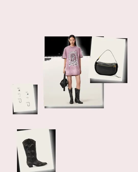 Tie-Dye Dress Backup Singer concert outfit flatlay with Avalon Tie-Dye Graphic T-Shirt Mini Dress Pink, Dolly Western Leather Boots ETCH DARK BROWN, Ellie Mix Set Earrings WARM SILVER, Noemie Leather Shoulder Bag Black