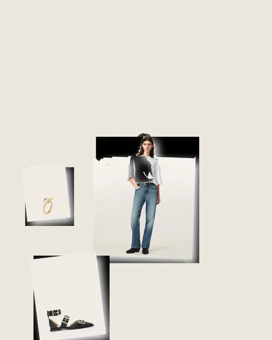 Tiny Tee Denim Argument concert outfit flatlay with Stevie Slim Fit Short Sleeve T-Shirt HAY YELLOW, Ida Straight Leg Denim Jeans Mid Indigo, Sutton Leather Pointed Toe Shoes Black, Hazel Pearl Ring WARM BRASS