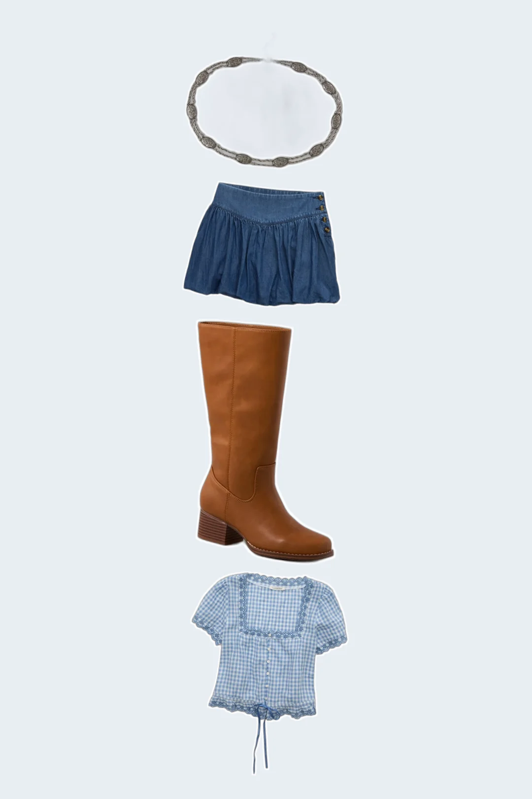 Bubble Denim Boots country concert outfits flatlay with Short-Sleeve Button-Up Blouse, Stretch Bubble Skort, Knee High Stovepipe Boot, Concho Chain Belt