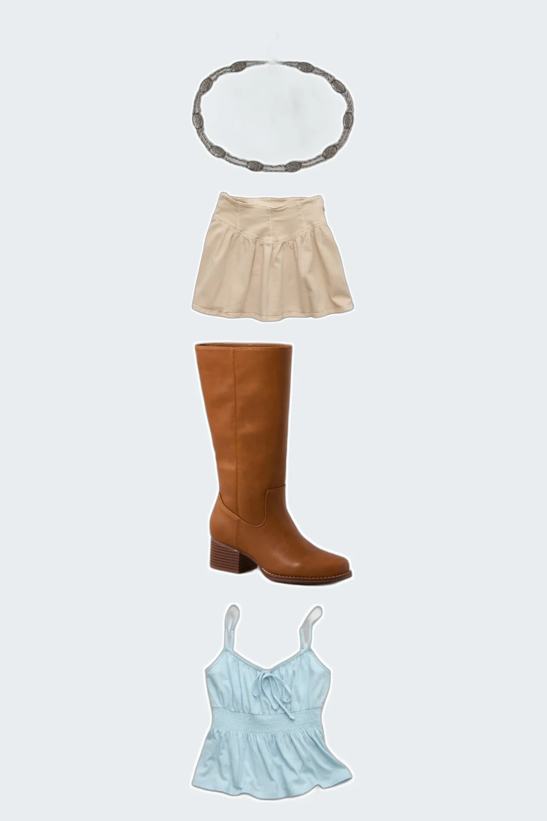 Cream Skort Country country concert outfits flatlay with Sunchaser Tie-Front Smocked Cami, High-Waisted Dipped-Waist Mini Skort, Knee High Stovepipe Boot, Concho Chain Belt