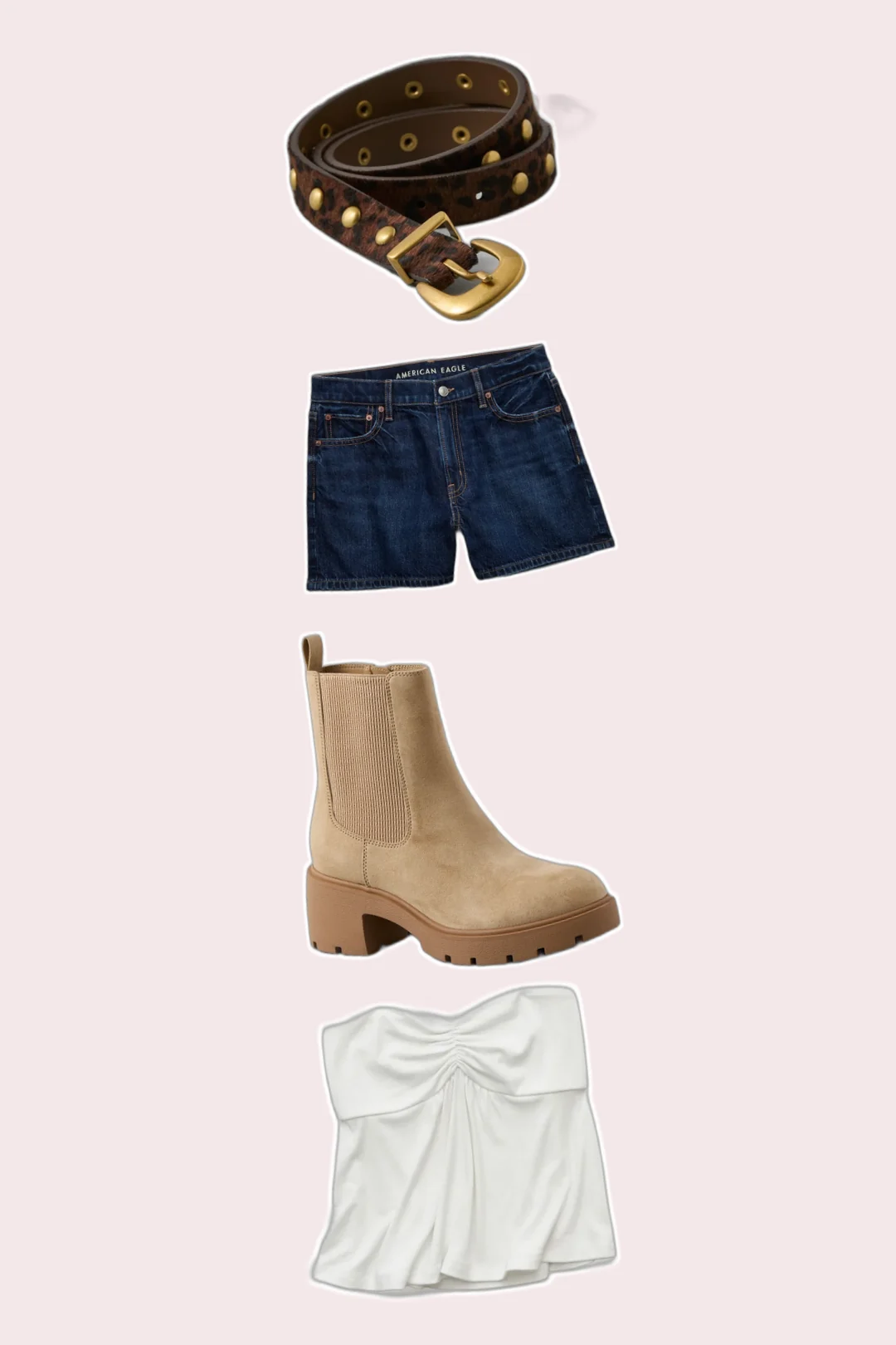 Dark Denim Line Dance country concert outfits flatlay with Cinched Babydoll Tube Top, 3" Strigid Super High-Waisted Relaxed Denim Short, Hutch Bootie, Leopard Print Studded Western Belt