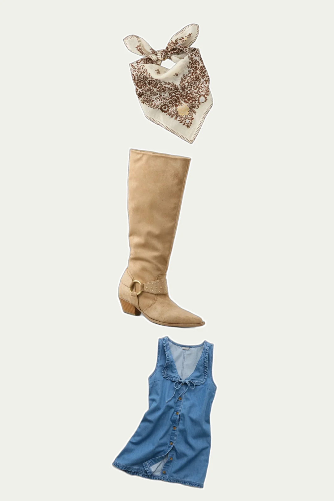 Denim Pinafore Set country concert outfits flatlay with Denim Ruffle Pinafore Mini Dress, Knee High Bootie, Floral Bandana