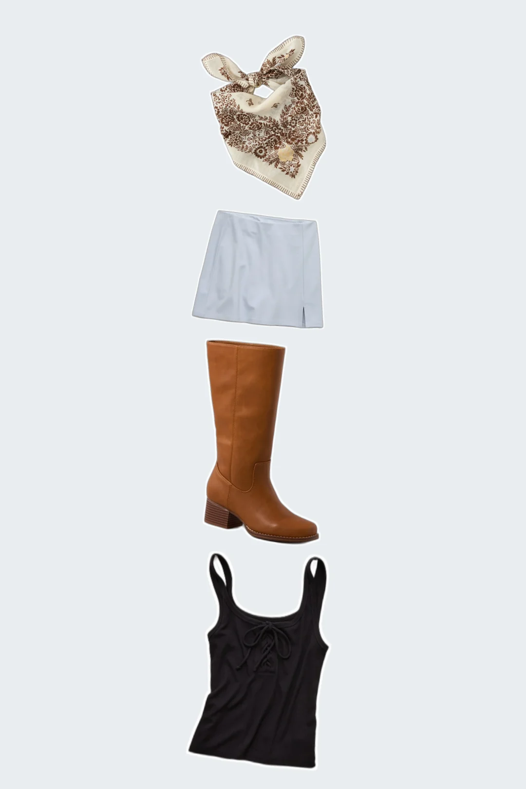 Light Blue Skort Set country concert outfits flatlay with Lace-Up Tank Top, It Knit Skort, Knee High Stovepipe Boot, Floral Bandana