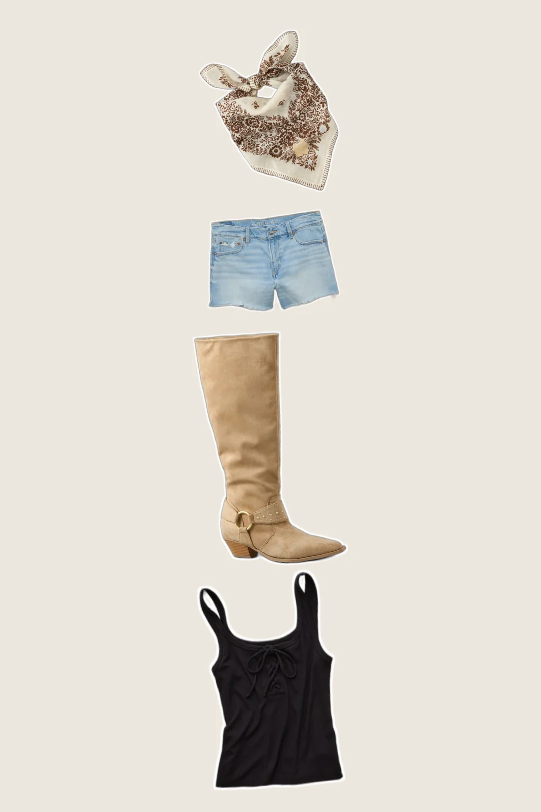 Light Indigo Cowgirl country concert outfits flatlay with Lace-Up Tank Top, Stretch Low-Rise Ex-Boyfriend Short, Knee High Bootie, Floral Bandana